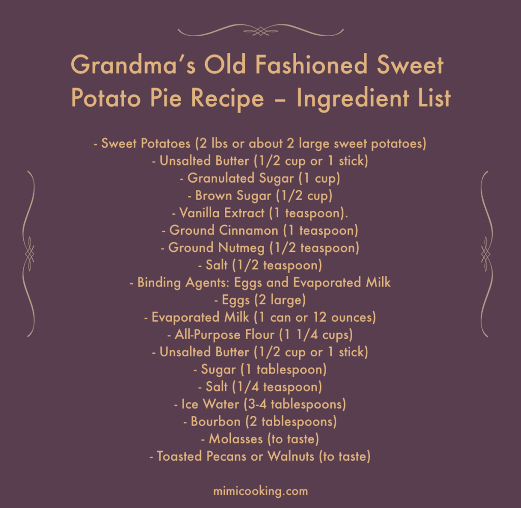 Grandma’s Old Fashioned Sweet Potato Pie Recipe – Ingredient List